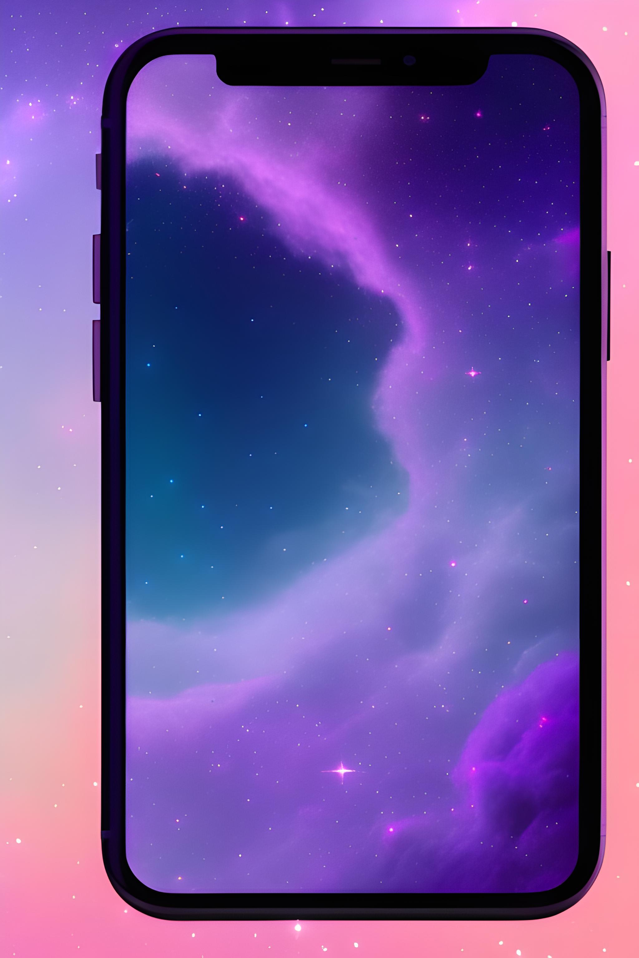 iPhone lock screen wallpaper, ethereal deep space landscape, a luminous pink-purple galaxy arc flow…